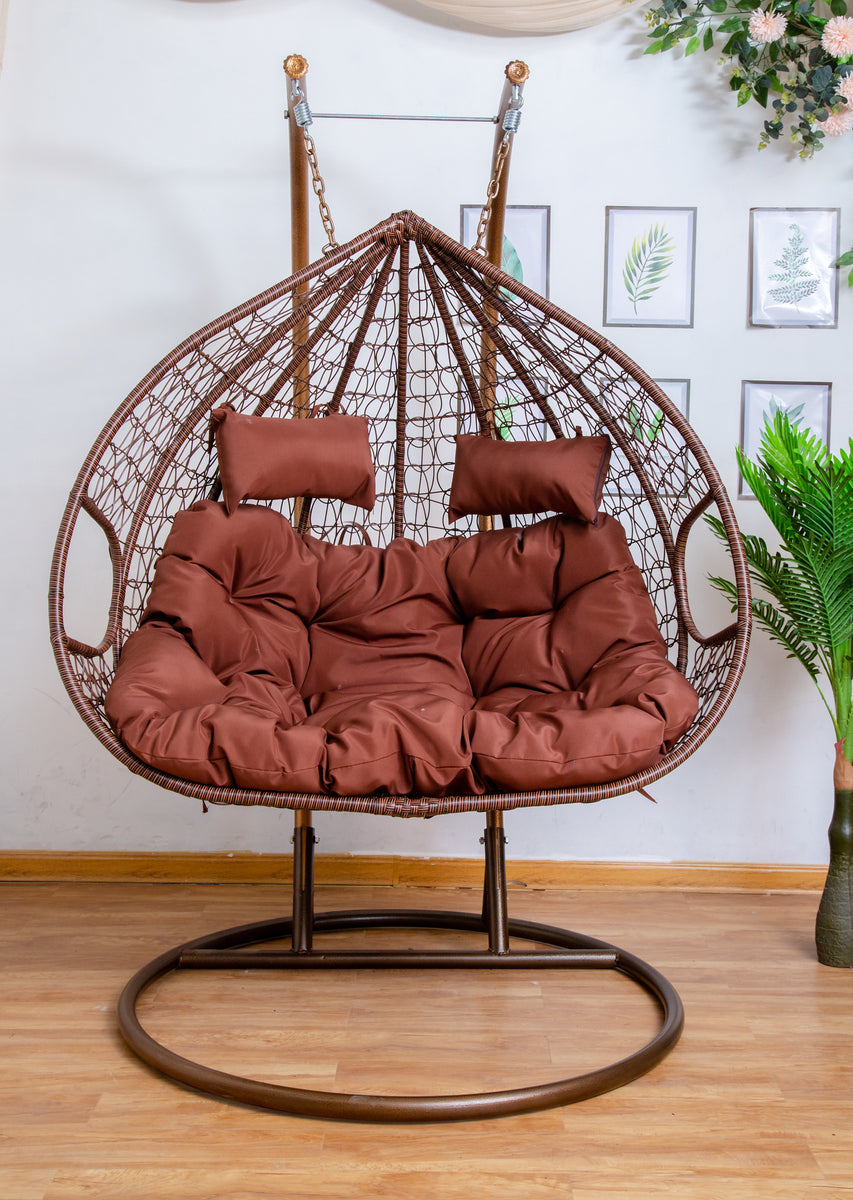 King Size Hanging Egg Chair Double Seat Brown Basket & Brown Cushion