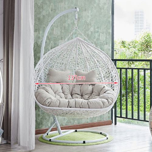 Double Seat Hanging Egg Chair - White Basket & Grey Cushion