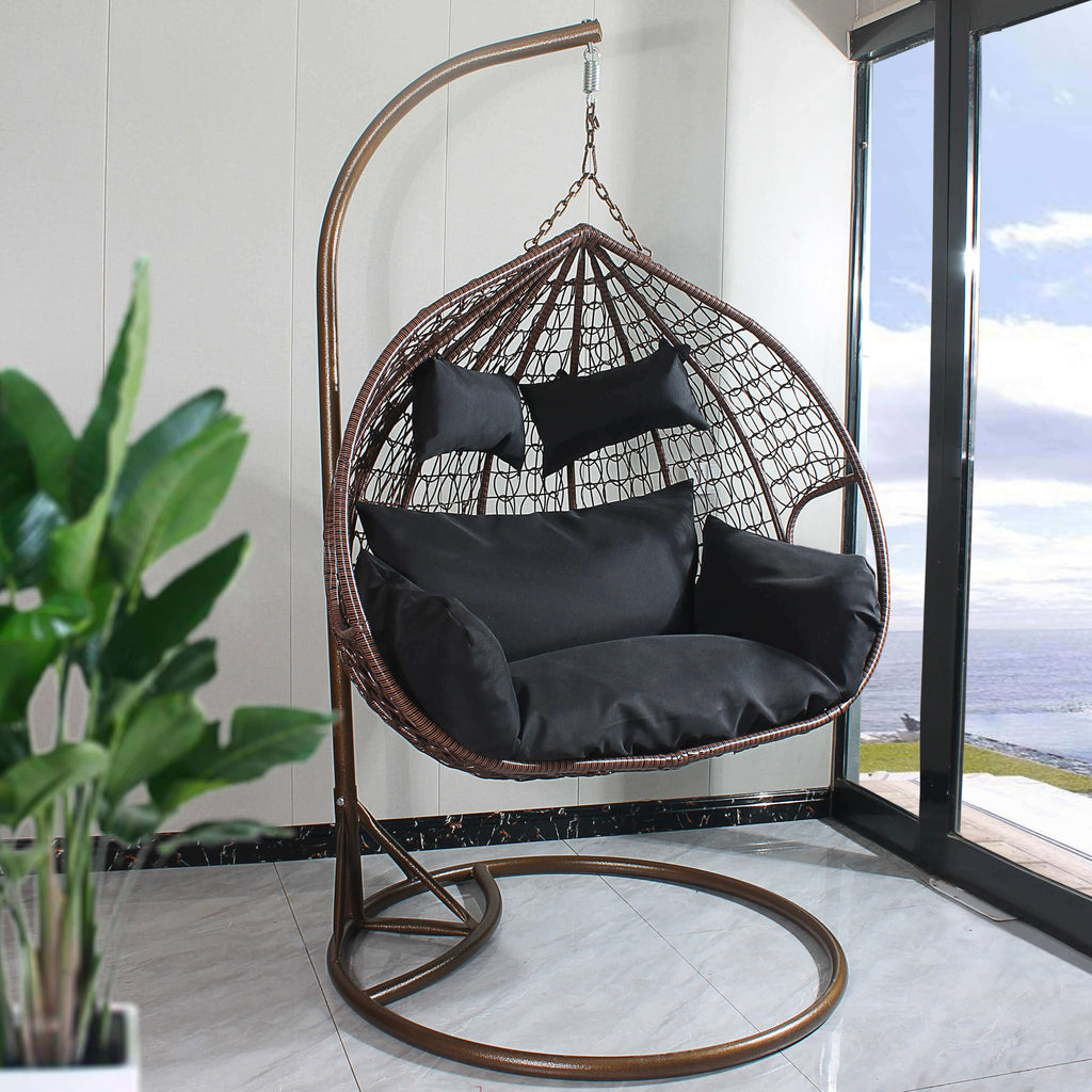 Double Seat Hanging Egg Chair - Brown Basket & Black Cushion