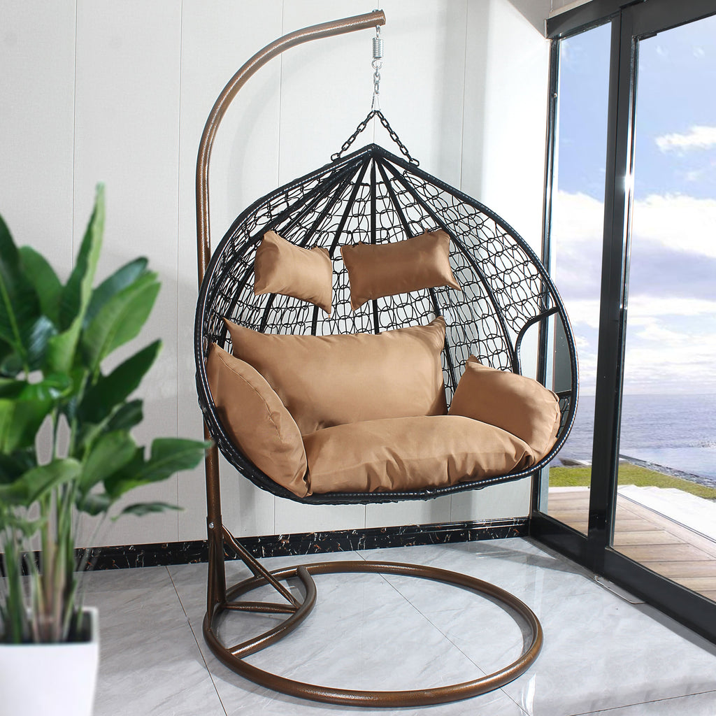 Double Seat Hanging Egg Chair - Black Basket & Brown Cushion