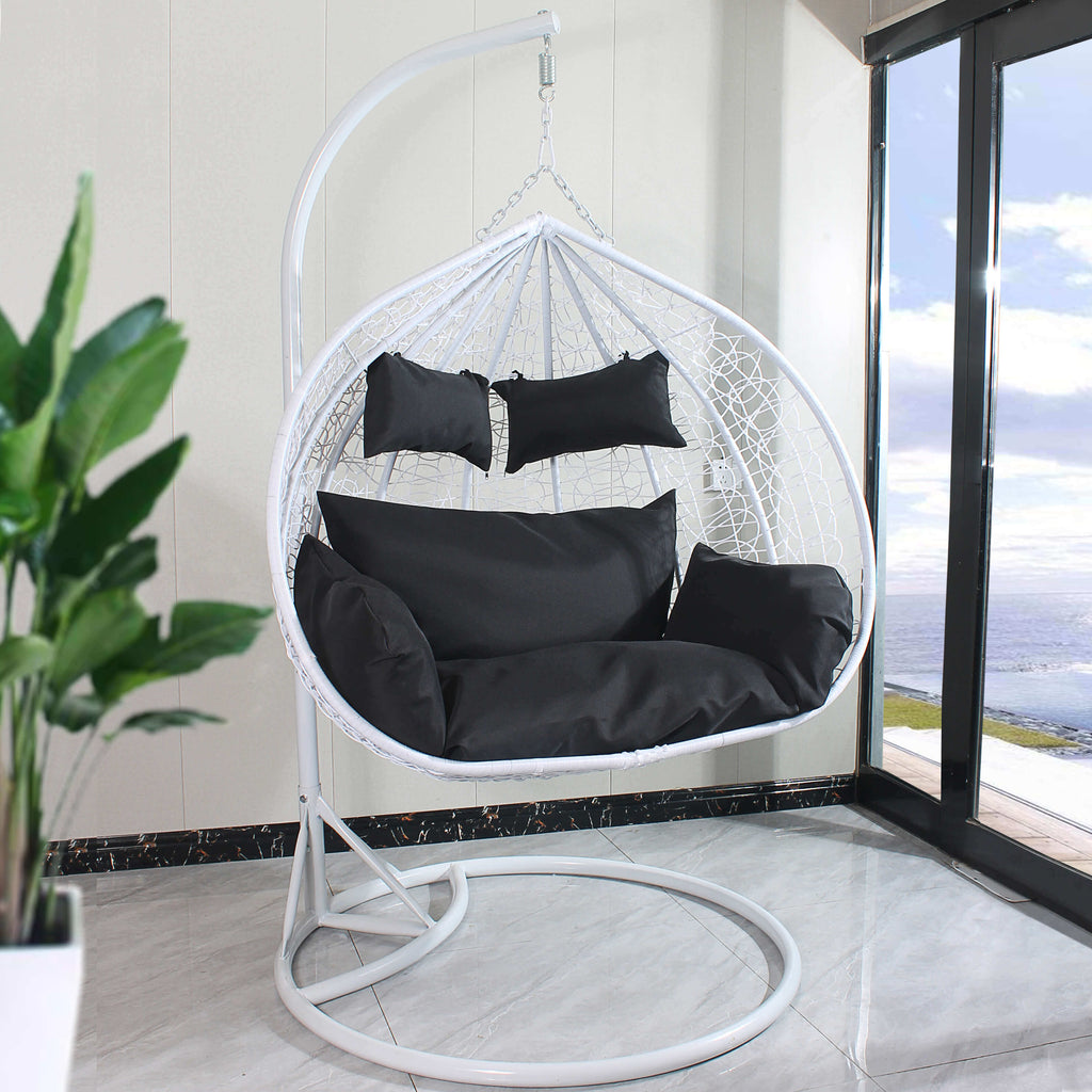 Double Seat Hanging Egg Chair - White Basket & Black Cushion