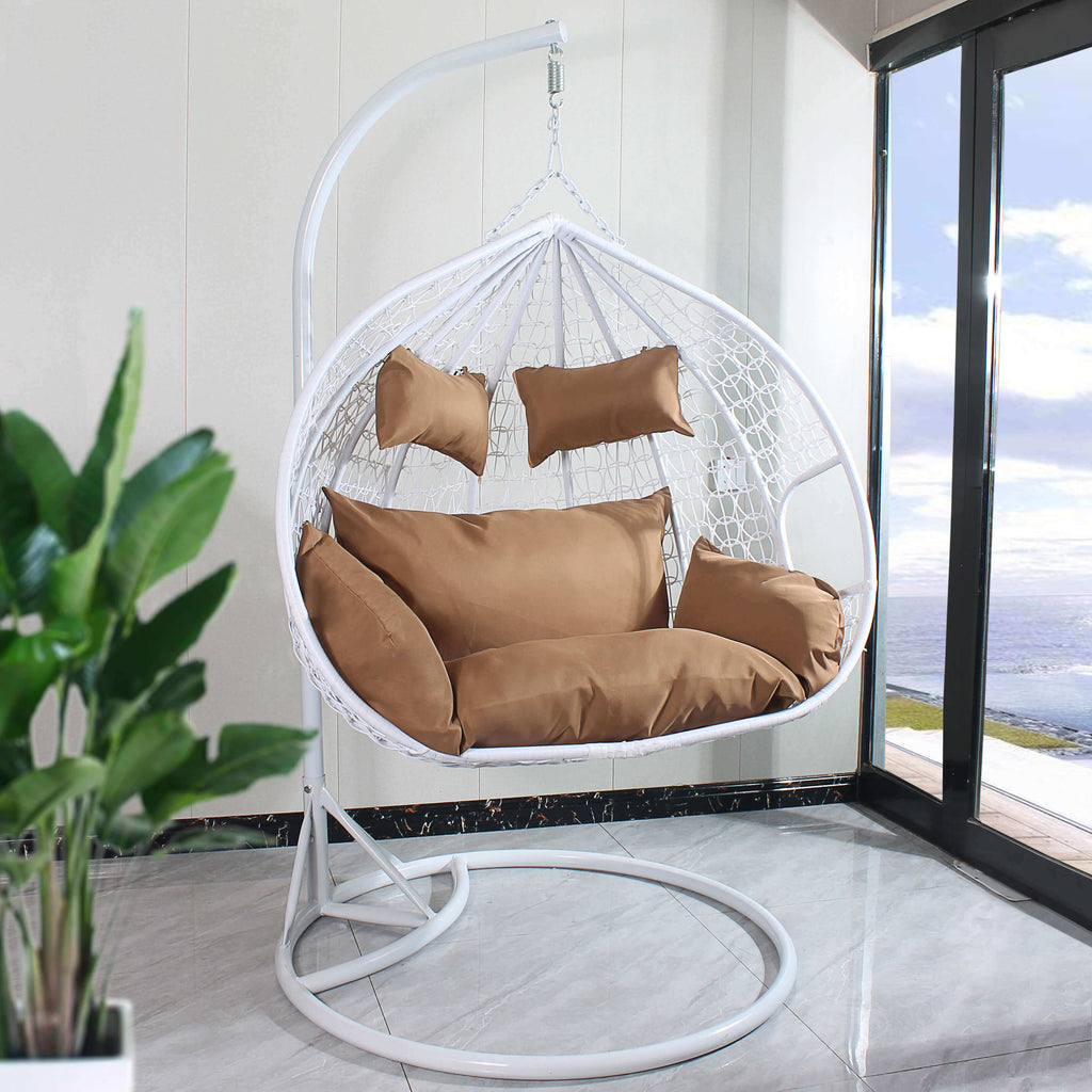 Double Seat Hanging Egg Chair - White Basket & Brown Cushion