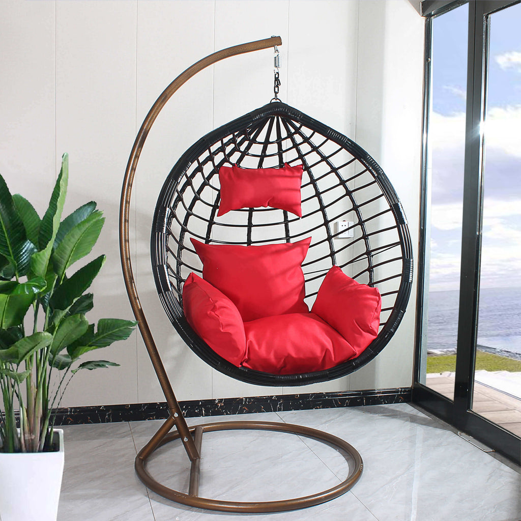 Hanging Egg Chair Stripe Pattern - Black Basket & Red Cushion