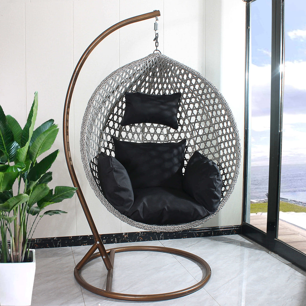 Hanging Egg Chair Rattan Pattern - Grey Basket & Black Cushion